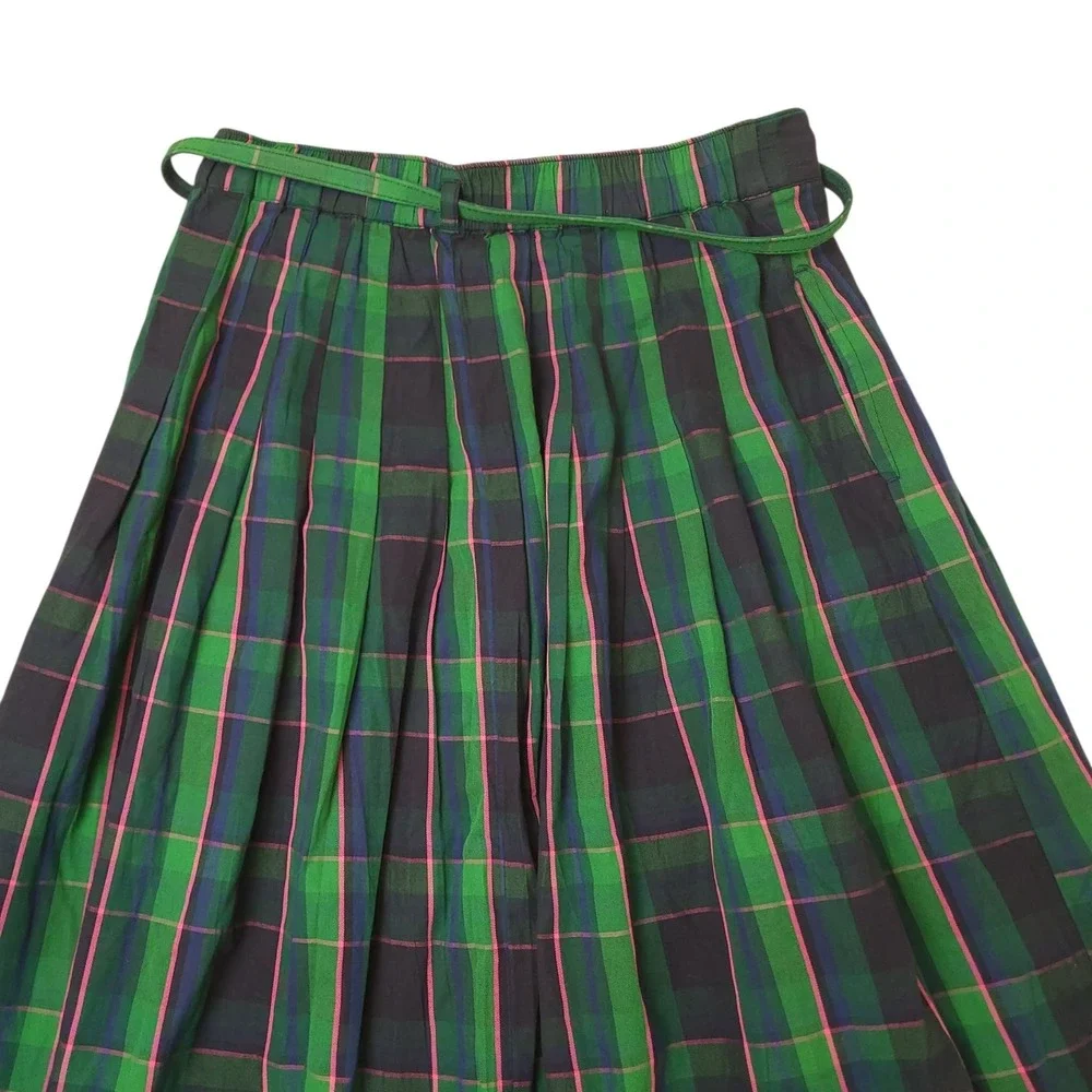Free Assembly Womens Plaid Pleated Midi Skirt Sz Small Belted Academic Cotton